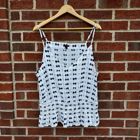 Ann Taylor Sleeveless Top Large White Blue Smocked Waist Dainty Feminine - Picture 1 of 8
